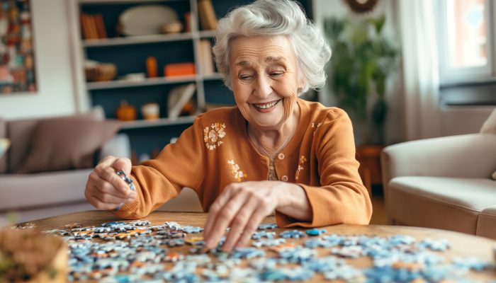 Senior lady playing puzzles in a retirement home. Elderly woman assembling jigsaw puzzle pieces in a nursing home. Housing facility intended for the elderly people. Generative AI.